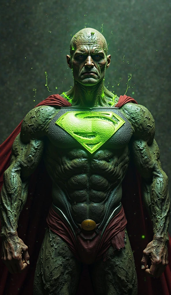 Create the super strong superman with his torn clothes being Kryptonite with bits of his crystallized body Extremely strong green with angry expression on his face --S2 him inside a Swamp in place Dark background and coming out pieces of crystals from his body in the shape of Kryptonite Ultra reality small details shadow light --auto