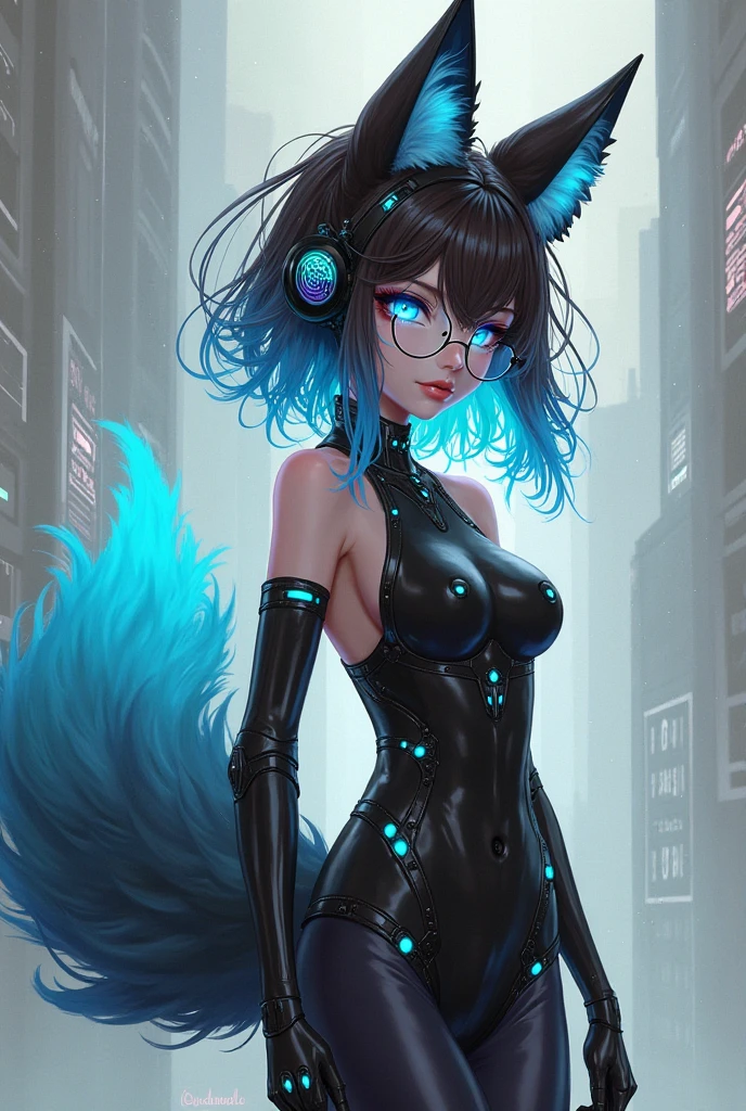 (Furry:1.5),(Masterpiece, Best quality), 1girll, Black hair, Glasses, Cyberpunk, Solo, waist-high, Sexy appearance,Fox girl