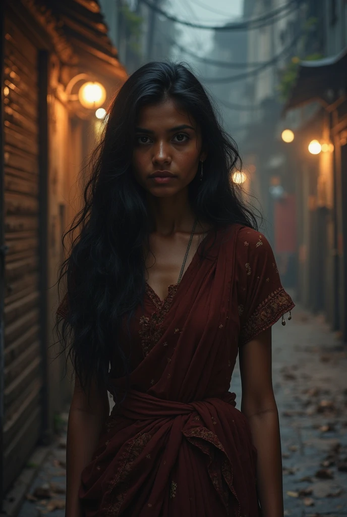 a 16 years indian girl standing in a simple area, hinting at a world beyond the ordinary. In the background, crowded streets of Delhi blending into a mysterious sky. Subtle mist and glowing light effects, setting the tone for a hidden world full of secrets.