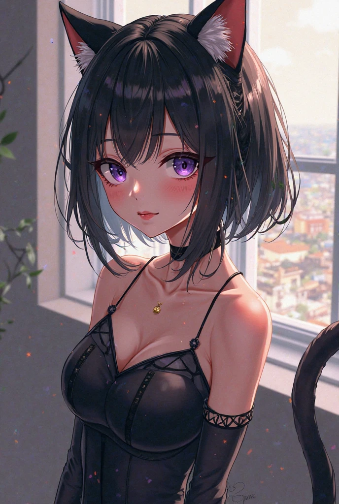Female, age 17, Short black hair and dark brown eyes. She short and she have a slim body. She wearing a sexy dress. Her face is cute and innocent. She is a cat girl.