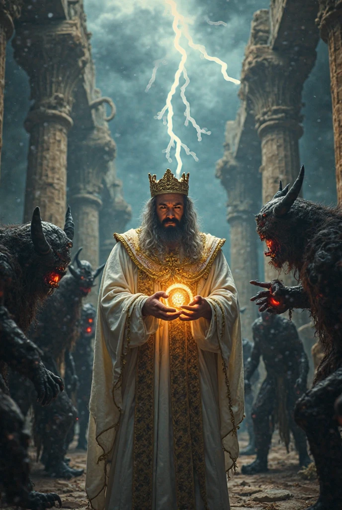 Creat a image,a Muslim king sitting on his chair and a jinn is standing up for the front of the old Muslim king