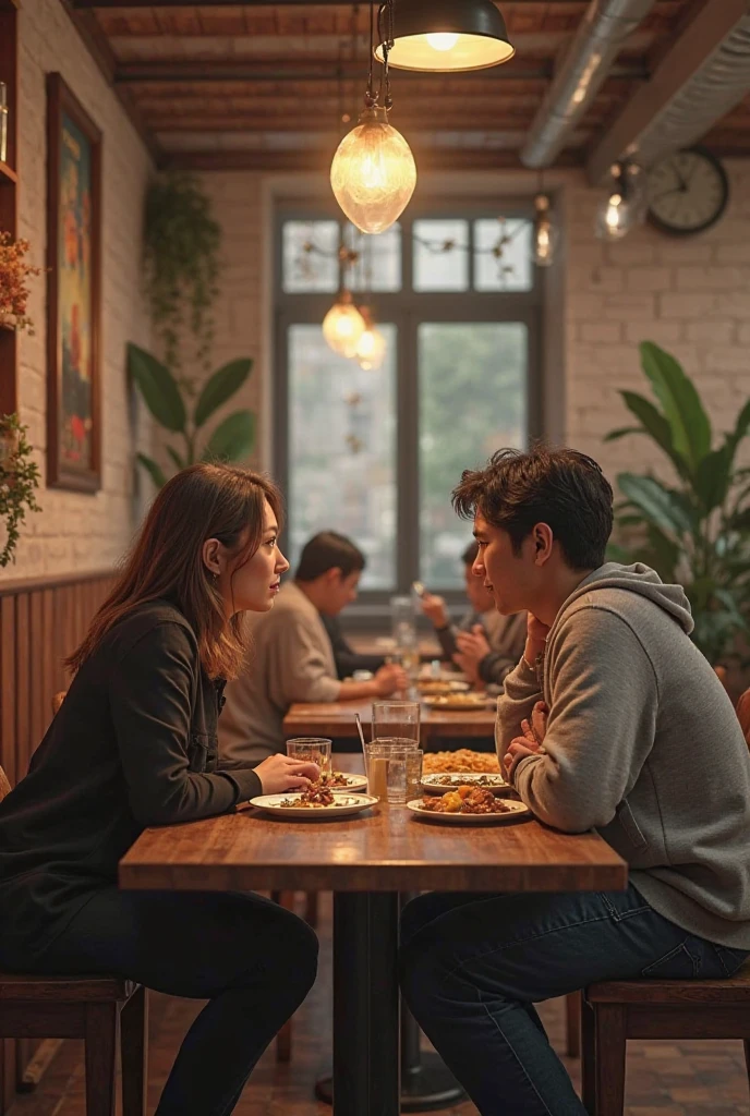 Back view of a couple leaning against each other in a cafe White