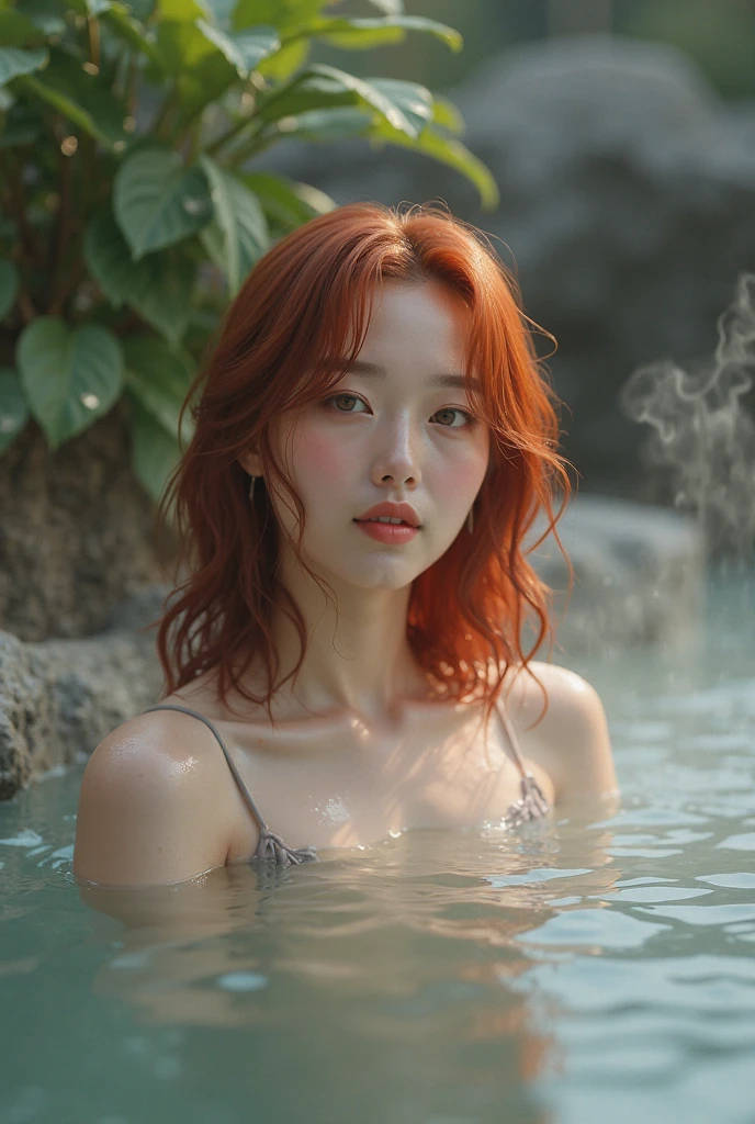 Korean girl, beautiful face, detailed face, shoulder length hair, red hair, waterfall background, nude bathing underwater, art photo, 4K