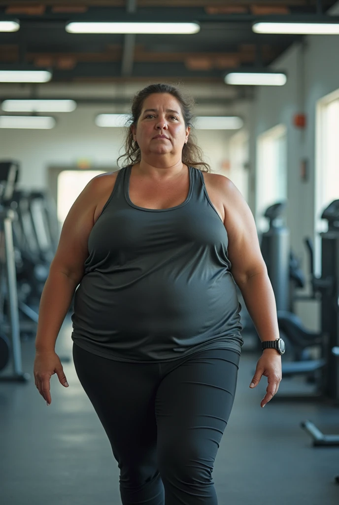 "Create an image of an obese woman in her 30s to 40s, wearing gym clothes, The woman is in a gym environment, reflecting on your weight loss journey. She displays an expression of sadness, suggesting that you have difficulty losing weight. Lighting should be soft and welcoming, highlighting women in a respectful and realistic way, without stigmatizing. The image must convey empathy, support and the idea that the product can be an ally in achieving your weight loss goals."
