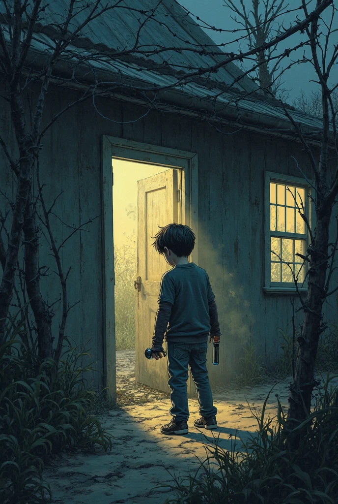  Boy turn on flashlight in horror house in the.Animation Form 