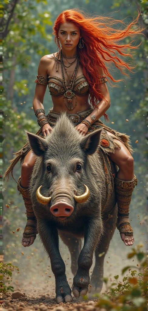 Indigenous woman with voluminous red hair, with pointy ears, smoking a cigar and riding a wild boar in a white background