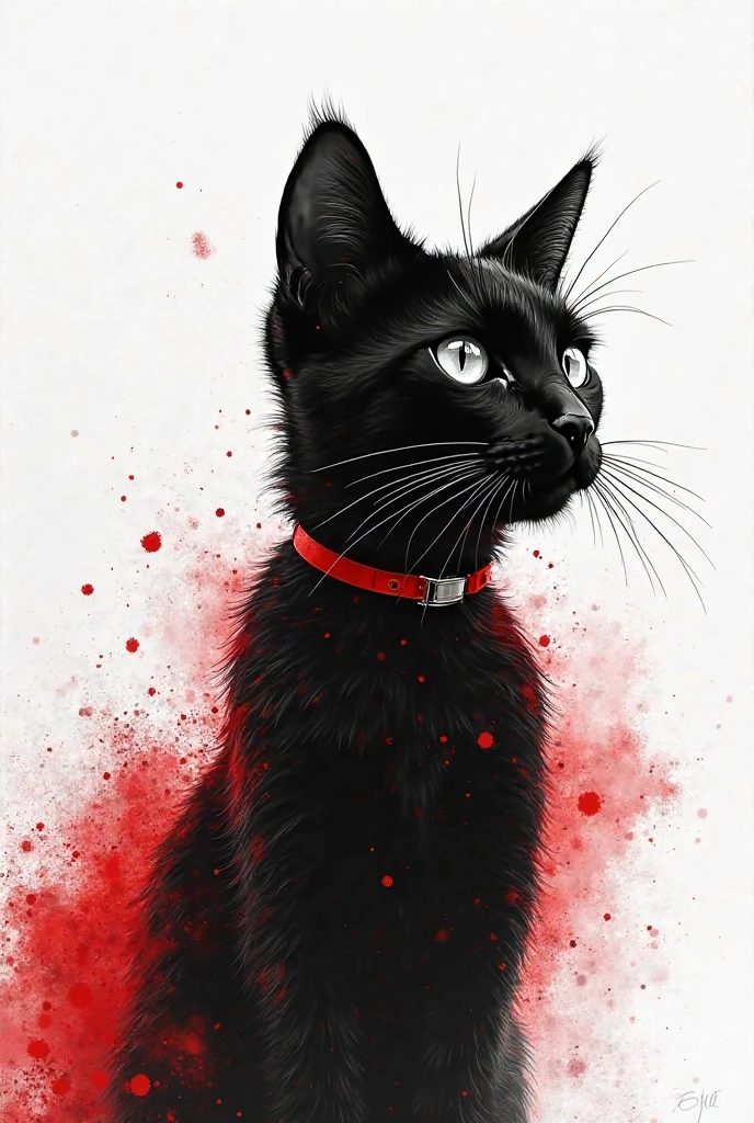 Close up of a black and white cat inside a house sitting behind a bloody human tongue on the ground 