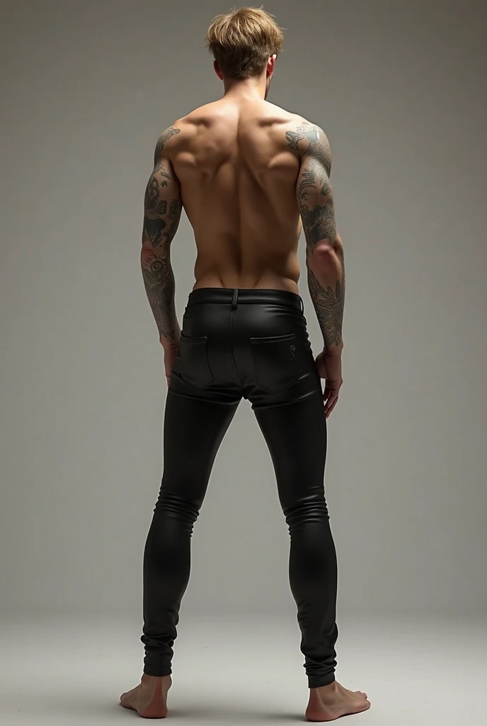 Fullbody standing picture of white Handsome muscular nude horny sexy gay boy wearing skinny tight shiny latex bodysuit, shiny black hair Disconnected Pompadour oiled hair style, shiny black varnished shoes, big golden neck chain, red lip, shiny black belt, six pack, tattoos, horny, cum shot, sperm, milking penis, very big penis, very big testicle, shiny oiled skin, orgasm, oversexed, masturbation, standing at white show room.