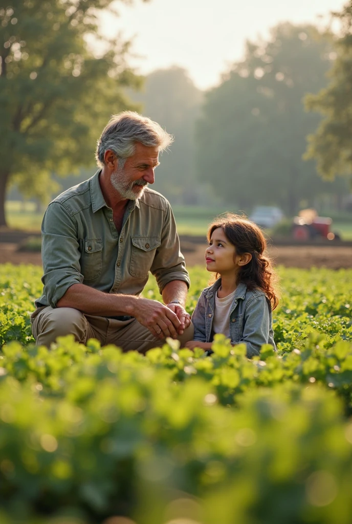 A girl with his grandfather sitting on tractor in field village in spring season