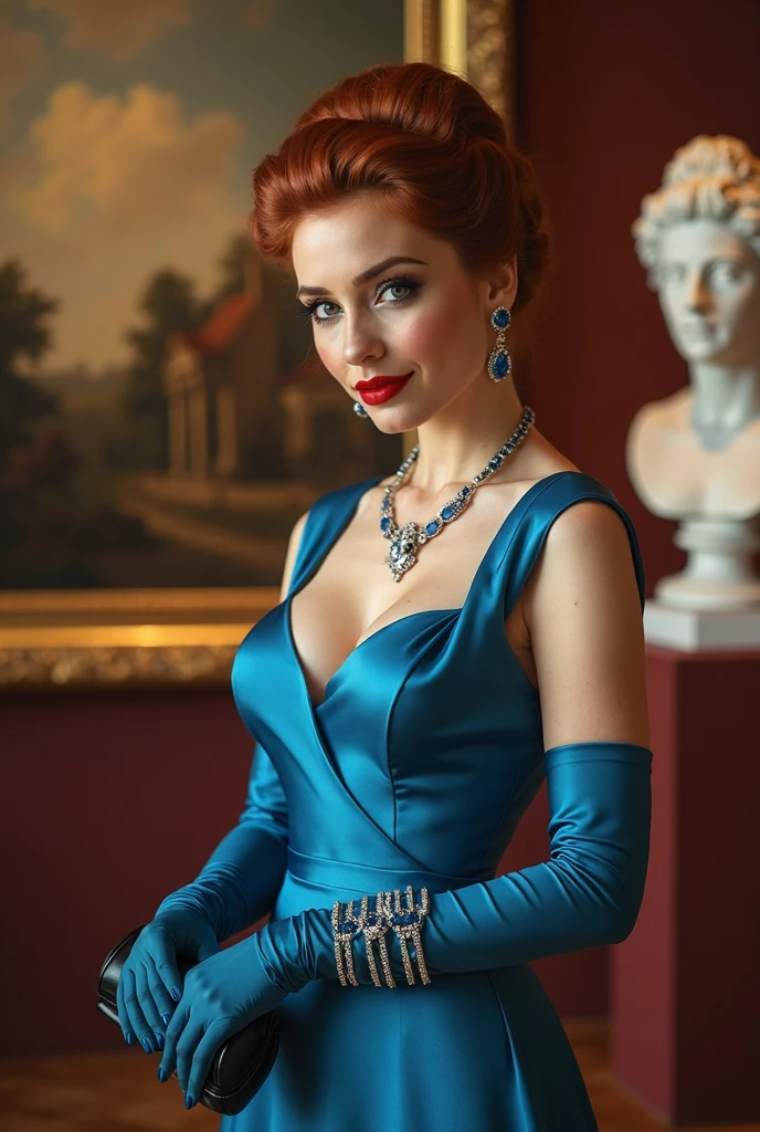 photo of A young, voluptuous Israeli woman. 27 years of age. brown-red 1950's style neck short wavy hair with glamorous curls. grey blue eyes. glossy dark red lips. faint freckles. vintage heavy black eyeliner. long lashes.( smoky eyeshadow). wearing cobalt blue fancy satin evening dress with shoulder straps. high heel shoes. wearing shoulder length black tight fitted satin gloves. sapphire and white gold cuff bracelet and matching ring. sapphire necklace. in front of a large renaussance style painting at a museum gallery. romantic din lighting. holding a small black clutch. Looking at viewer. eye contact. Blowing a kiss. puckering lips.