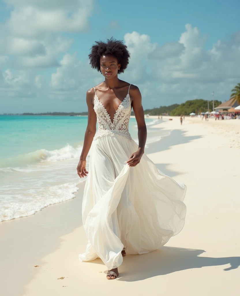 stunning latin influencer. She's in Paris at the Efail Tower , at beach, watching the sunset, wearing a long dress that reaches the hem of the legs. She's a black woman with a radiant smile, curly, curly hair that frames your face. Your body is shown from head to toe, highlighting your full beauty. She is a young goddess, a beautiful black lady with a captivating presence. Your skin is clear and radiant, and she is 24 years old. Her eyebrows are well defined and her brown eyes are mesmerizing.. She has a fit body, very attractive, with an hourglass waist and thick hips. Your presence is sweet and dear, and she exudes confidence and charm. Her long hair and wide legs complete her impressive figure.. She is posing alone, radiating beauty and elegance