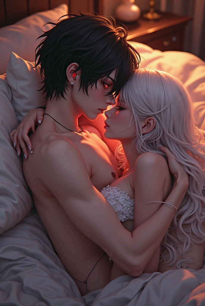 I would like to get an anime-style image of a couple consisting of a man with long platinum hair pulled back in a ponytail, long bangs and a tattoo, stripped to the waist, kissing a woman with black hair, an elongated square haircut and in lilac lace underwear, she hugs him around the neck.