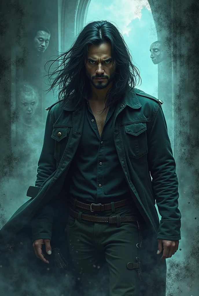Only a one young man with curly black hair and tanned skin playing a guitar, his muscular body covered in tattoos, dressed in a black trenchcoat, standing in a dimly lit bar, (best quality,4k,8k,highres,masterpiece:1.2),ultra-detailed,(realistic,photorealistic,photo-realistic:1.37),,full body shot, golden earrings, deformed face, chiaroscuro lighting,intricate details,exquisite textures,portraits