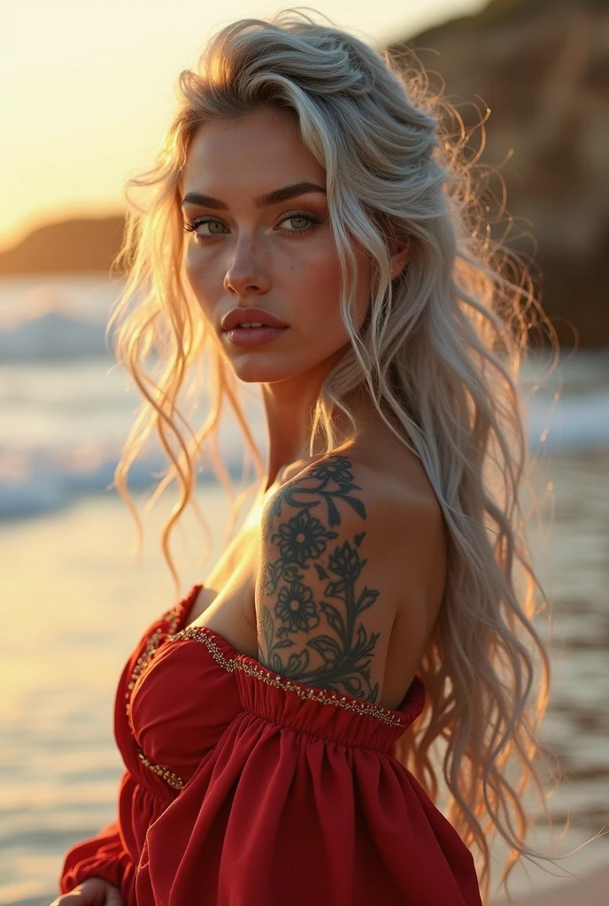 An ultra hot gorgeous European woman, age 23, she is a playmate, men magazine model. ,((beautiful detailed eyes)), (detailed light),depth of field,(white hair),silver eyes,hair over one eye,(red flower ), hair flower, long hair, black cloak, looking back, night, starfall, raining, fog, red flowers falling,sketch,upper body,intense shadows,