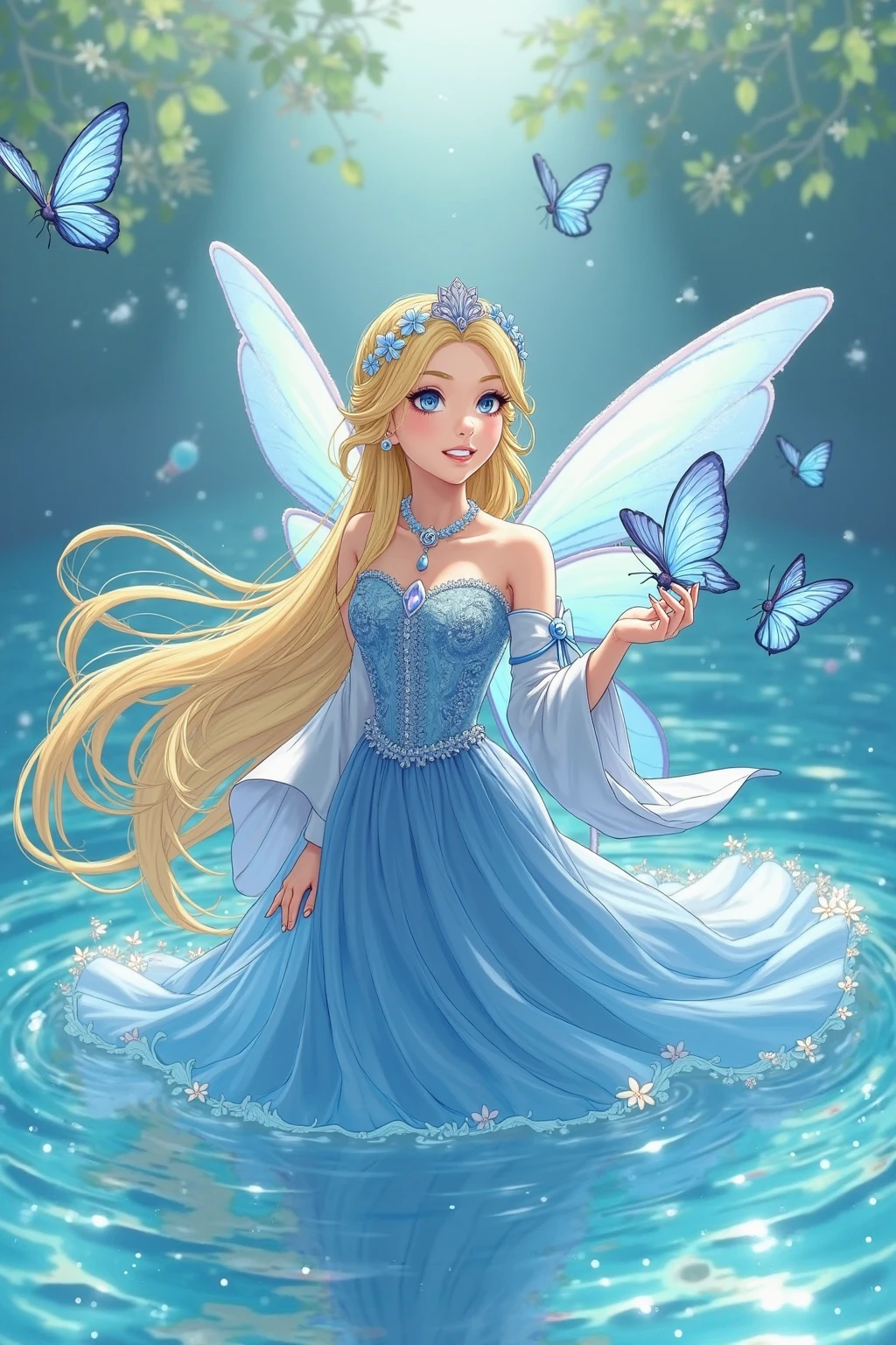 9 year old fairy, watercolor style, ethereal, beautiful, heavenly, bright luminous wings, long golden hair, golden leaves, happy, long eyelashes, blue eyes, blue robe, butterflies,