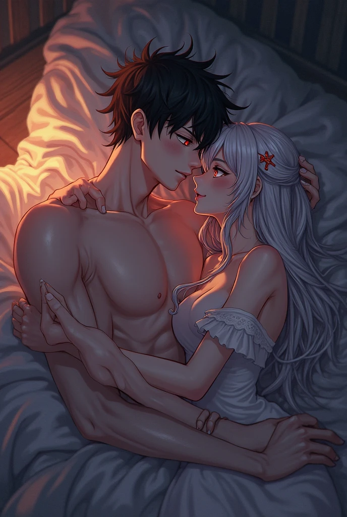 TWO MEN HAVING SEX GAY one with black hair and the other with white hair lying on the bed the one with white hair puts his penis in the one with black hair ANIME