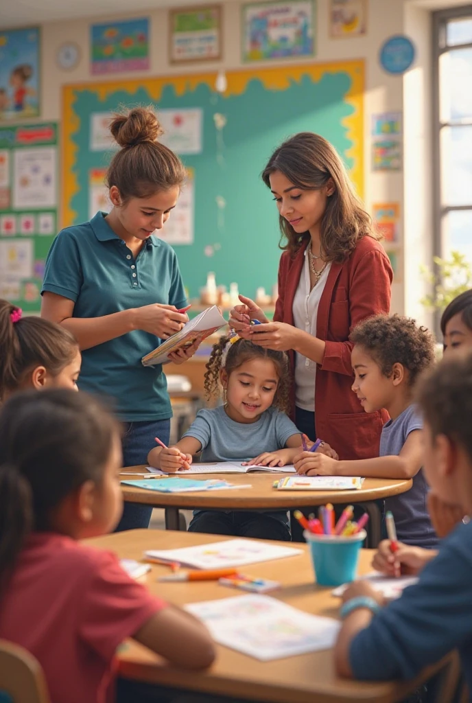 A teacher with four-year childrean as her students, desks, little chairs and tables, toys, colourful, whimsical, funny, highly detailed,