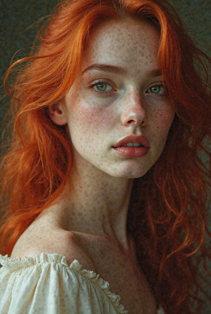realistic photo of a 19 year old girl, beautiful face, cute appearance, short wavy red hair with bangs, freckles, sagging dress with bare breasts, standing, relaxed expression, overflowing with emotion, play of contrasts with detailed lights and shadows , depth of field, dark atmosphere with candlelight, short hair (perfect teeth, thin nose, realistic freckles), full lips (lustful and seductive look). (naked pointy natural big breasts), (hard nipples with realistic details, real skin, real nipples, perfect nipples, big nipples, epic details on the nipple areola), (slim body, wide hips), highly detailed eyes, (detail of eyes: 0.8), RAW photography, HDR: 1.5, epic skin detail, porous skin, goosebumps, (Photorealistic): 1.1, realistic dark background, Canon 5D, 8mm film grain, shading, red pubic hair,
