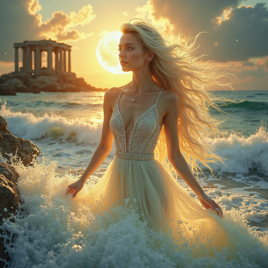 Toffee color skin, beautiful toffee mixed woman with long blond curly hair flat bat and extremely detailled clear yellow eyes, It walks in a descent, a stone paved path, the path is glued to an old stone tower, at the end of the path There is a very beautiful view of the sea with a magnificent sunset. She wears a long sexy and casual dress that flies with the wind, she a beautiful earring father and a glossy nude lipstick