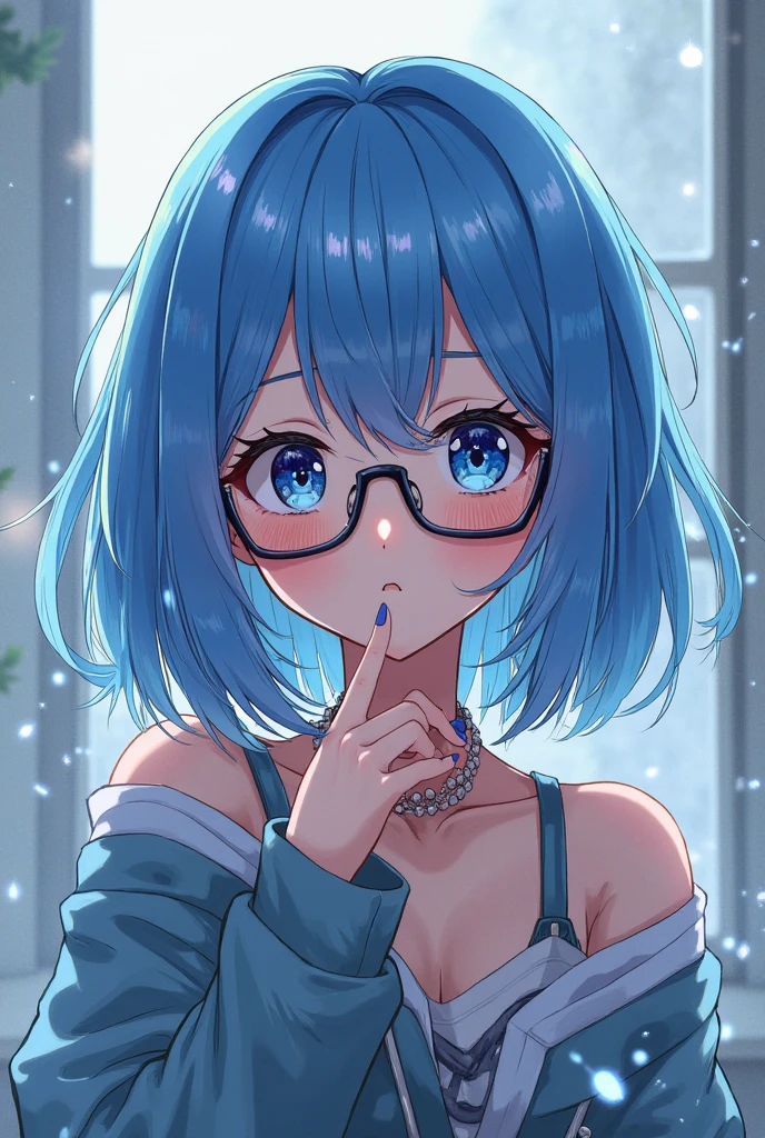 , (avert your eyes:1.2), masterpiece、最high quality、( medium hair:1.5),Light blue hair,blue eyes,17-year-old female,Blake She's wearing a white off-the-shoulder blouse.., Blake Smile, (smile:1.5)Open your mouth, standing、The background is a coffee shop、The upper body is shown、alone、1 girl, , 超High resolution, retina, masterpiece, Accurate, Anatomically correct, Rough skin, Very detailed, Advanced Details, high quality, Awards, 最high quality, High resolution, hd, 4K,(anime,8k,masterpiece, 最high quality, 最high quality,beautifully、aesthetic:1.2,Professional Illustration:1.1,Very detailed:1.3,Perfect lighting),Very detailed,Most detailed,High resolution,Put your index finger to your mouth,(A girl with glasses),(Grin.:1.3),