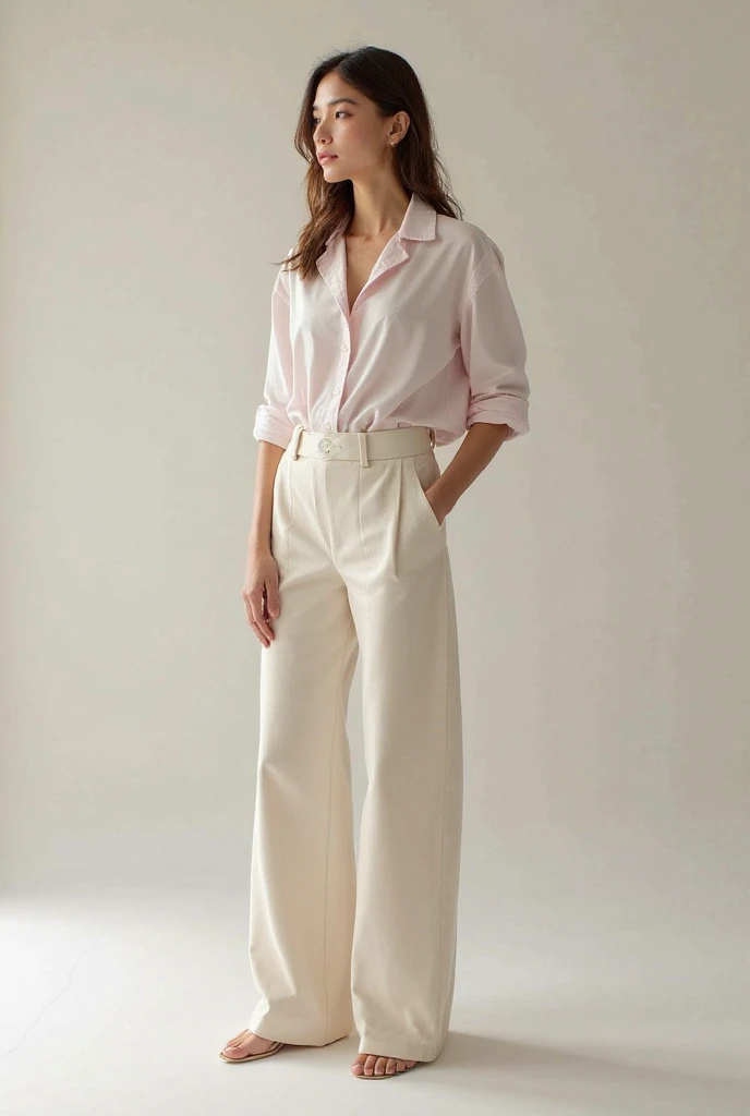 1 girl, Brown hair, square, clothing size M, Clothing size 46, parameters chest 90 waist 70 hips 105, full length, trousers, hands in pockets, sunlight, a white blouse