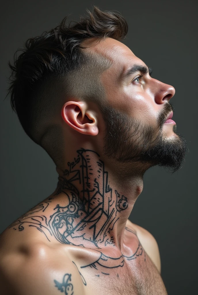 black-haired man with tattoo of the Peñarol shield on his neck