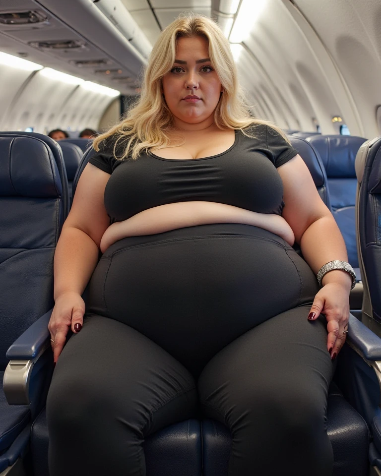 A plane passenger detailed photo of a Beautiful ginger SSBBW, with long wavy ginger hair, with big soft fat belly, thicc fat arms, thicc wide legs, big breast, in a cute green top tucked in her pants, and black pants, at airport waiting for the plane with a big bag