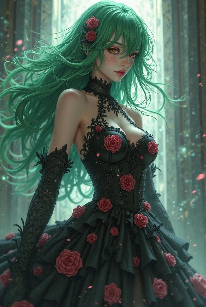 1 sexy girl, long green hair, black roses, short black dress, cleavage, medium breasts, lace dress, holds her breasts with her hands, shows her breasts, smile, black rose garden, full body, sitting, mountains in the distance, light particles, (depth of field, cinematic angle, cinematic lighting: 1.2), blurred background, blurred foreground, (masterpiece: 1.2), (best quality: 1.2), (very aesthetic: 1.2), ( absurd: 1.2), (detailed background), newest and most intricate details (best quality, 4k, 8k, high resolution, masterpiece: 1.2), ultra detailed, (realistic, photorealistic, photorealistic: 1.37), intricate details, vivid colors , beautiful detailed eyes, beautiful detailed lips, sharp focus, Dave McKean's artwork, dreamy atmosphere, play of shadows, shadow play, soft lighting, surreal oil touch, soft lighting, soft lighting, tones, woman Dark ethereal background, fantasy elements, texture, layered composition.{{ {,nsfw, speech bubble, sexy nude, art inspired by Bill Sienkiewicz and Dave McKean
