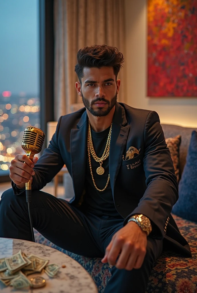 Hispanic male with gold grillz, designer shoes, matching fit, Rolex watch, diamond earrings, cuban link