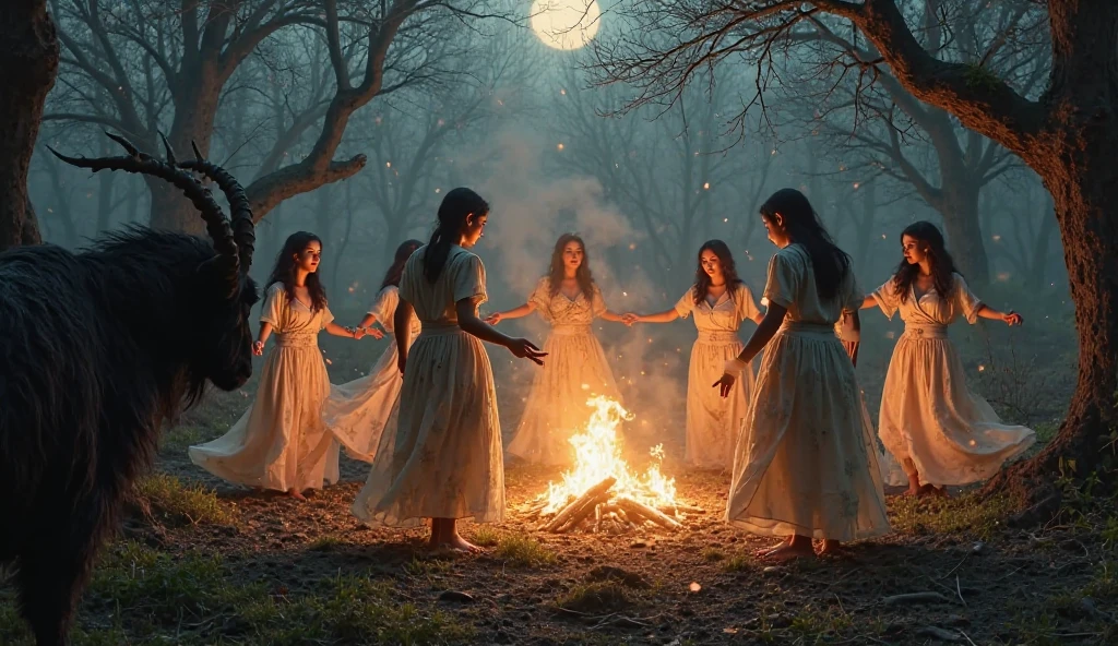 "In a full moonlight, A full-body shot of a realistic fairytale scene in a beautiful magical forrest, bathed in moonlight. "Night scene" "Beautiful blue hue colour pallette." "A 7 fairy queens  and princesses with realistic big blue eyes with eye makeup and a serious, direct gaze at each other, dancing in sircle, holding hands." "A Fairy queen, dancing in the moonlight with arms up in the air, with blonde long curly hair." "Dancing fairy princess with a long black hair in a sheer wet transparent dress outfit, big breasts, thin waist, big butt, looks provocative" Fairys dancing in sircle with camping f(ire in the middle of the sircle) " "The lighting is natural and bright, highlighting their features and casting a soft glow around their hair, creating a high-contrast effect that emphasizes the subject's presence. " "A white rapid is just there" The realistic scene includes a strikingly beautiful fairy queens and a princesses in a beautiful and magical forrest in the middle of the night. "The vast environment paints a magical but ritual admosphere". # Configuration settings clip_guidance_scale = 20 # High adherence to the detailed prompt, emphasizing facial features hr_scale = 2.0 # High resolution to capture intricate details in the hair and face. hr scale =2.0 # Perfect human female body. Best hands 1:1, super realistic hair 1:1, hyper realistic eyes 1:1, extra detailed delicate moist skin, most detaled and realistic face 1:1. #A realistic stage with thorough details and clear focus on the queens.