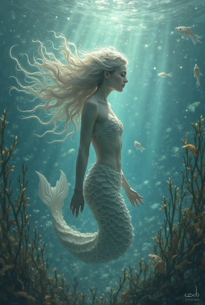 A mermaid with skin as pale as Chinese porcelain and long, wavy hair like pure silver, with eyes as white as pearls and medium, fleshy, reddish lips..