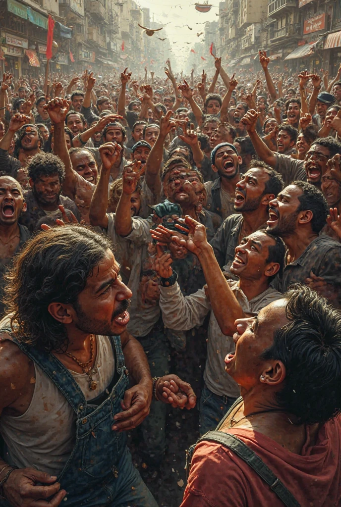 Realistic photo of A chaotic scene of countless people desperately climbing over each other, killing each other, creating a towering pile of human bodies. The crowd is struggling to reach the top, where a divine light shines down from above. The atmosphere is dark and serious, with a stark contrast between the shadows and the radiant light at the summit, cinematic, gritty intense