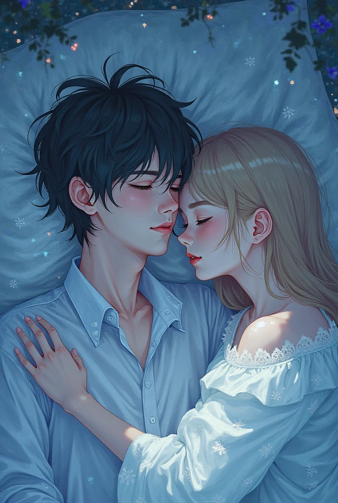 A boy is lying in a bad and mention the boy name is DEV which is written in his tshirt and he is sleeping and in his dream a beautiful girl is sitting beside him and hold his hand. Make the environment and atmosphere looks like he is seeing dream  and he is lying in cloud in lap of the girl make the image character look like Anime or cartoon 
