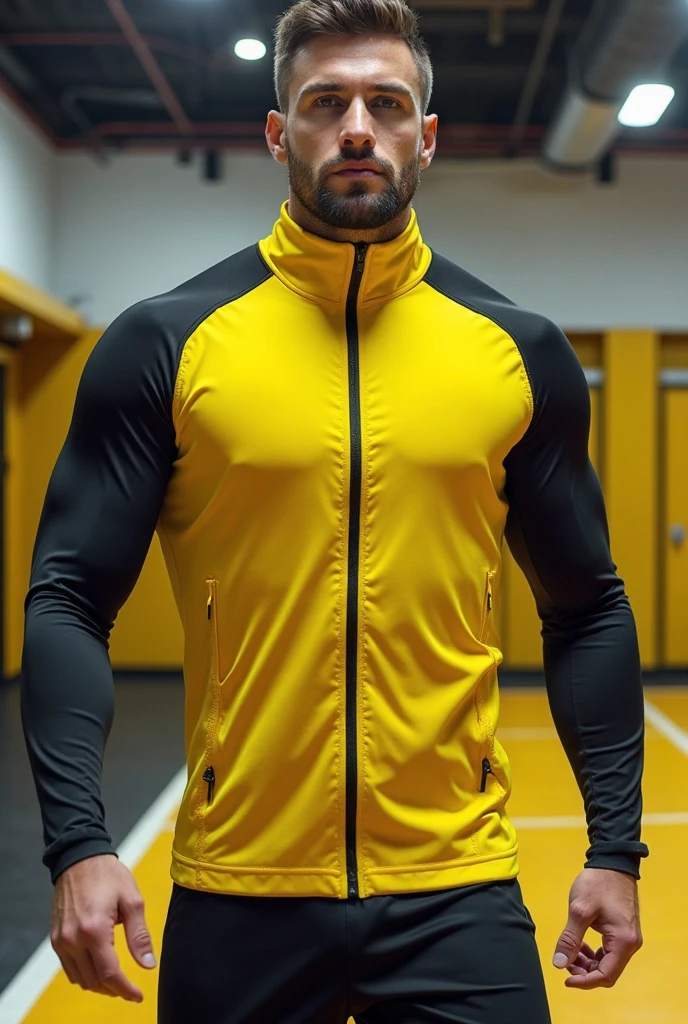 (absurdres, highres, ultra detailed, Ultra HD), ((tall handsome muscular man with a strong physique, solo, male model modern clothing, Full length portrait: 1.5, wearing a zip-up jumpsuit that is unzipped,)), beautiful, gorgeous, wet, mature, perfect eyes, sexy gaze, (looking at the viewers romantically), perfect body, smooth skin, a hot glow in his skin, extra large chest, largest breasts, extremely large pectorals, big nipples, breathtaking grandeur, model pose, colorful, artistic, focus on his calm facial features, elegant look, sexy posture, full body view,