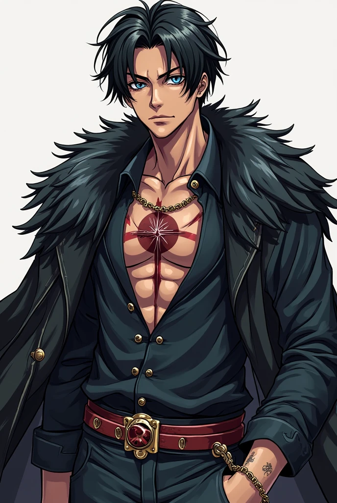 A male antihero with tired black eyes, short curly black hair with white hair strands, black half baggy hobo clothes and hood, dark skin and lip piercings. Lonely and kind hearted. He has the power to turn into a seven-tailed white wolf., each with a power related to natural disasters