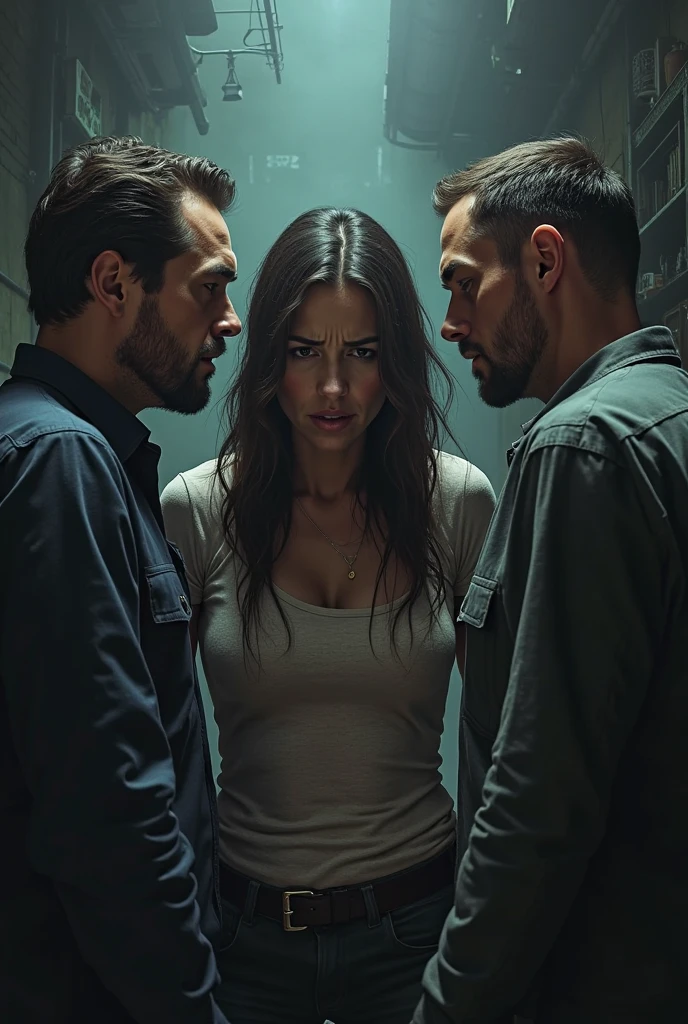An angry girl with a gun pointed to a guy's head in a room surrounded by four girls 