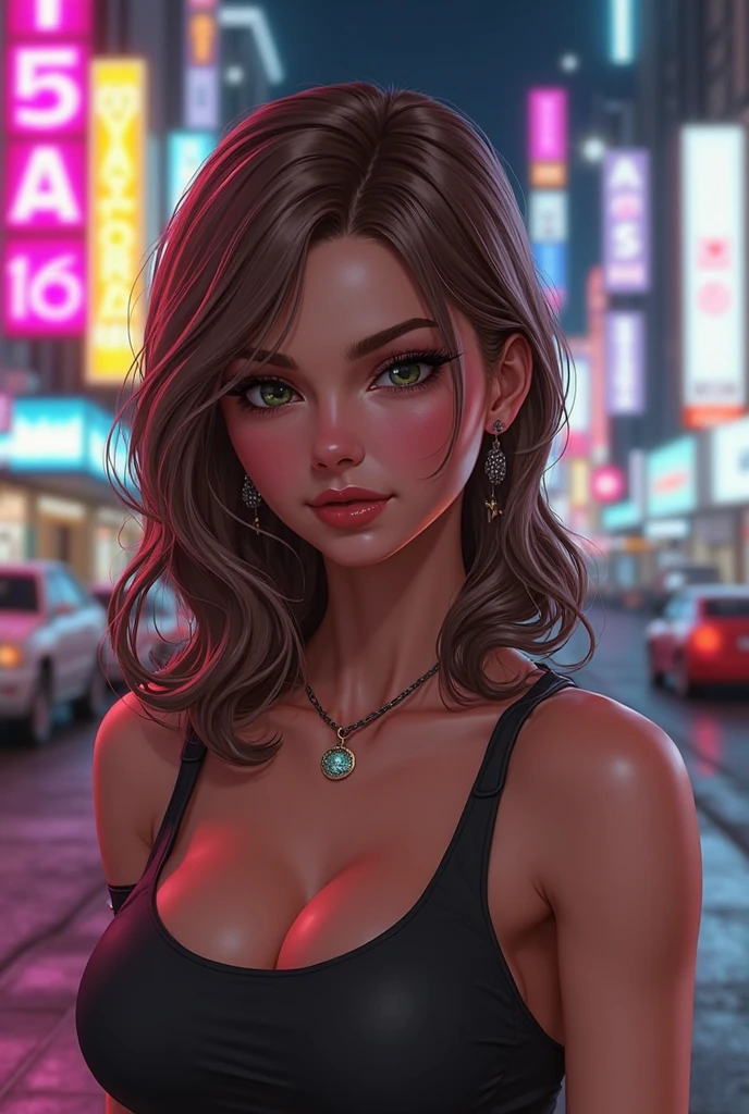 3d girl with cat ears, brown hair to her thighs, with lush eyelashes, cat-like green eyes, slightly tanned, in a black dress