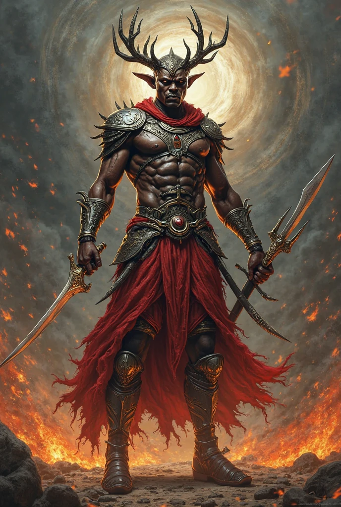 Orixa man with black skin, Xango, dressed in brown and red, in the quarries of the mountains with his axes in his hand, in the forces of fire 
