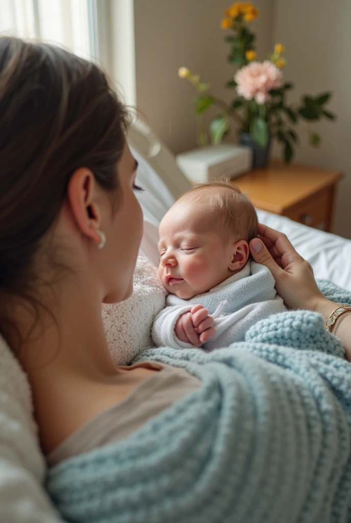 A baby has just been born in the hospital, his mother is looking after the baby and feeding him in her hands