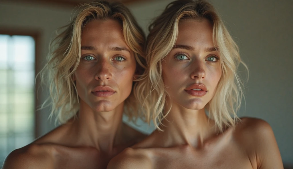 ((Best Quality)) ,((masterpiece)),((high resolution)),((photorealestic:1.4)), ((RAW photo)),(8K), (1Russian Girl ),((photo of a 14 year old girl )(Sophie Grace at 14), (Shirt), (blond very short shaggy hair), (extremely short hair), ((so sexy)), ((very extremely beautiful)), completely naked, hotel balcony in the tropics, 14 year old face , actress Sophie Grace at 14, looks into the ocean, Slender, thin, sculpted hips ,graceful knees, beautiful view from the balcony to the ocean and palm trees, sunset over the ocean, Realistic light, eye shadow, Front-side view (half a turn) ,very thin and slender girl