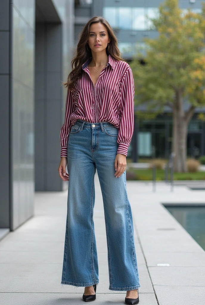 Russian, latin, milf, wearing red oversized shirt, jeansy baggy pant, fashion, influence , realistic skin