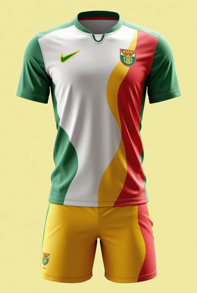 Football shirt with a new design that does not exist, using only yellow colors, green and red so that the design is clear on the front and back