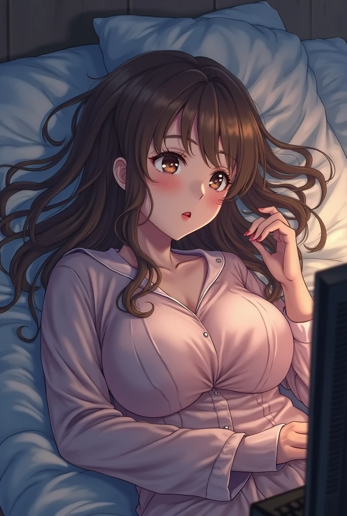 ((Realistic lighting, best qualtiy, 8k, tmasterpiece:1.3)), 1girl, Beautiful Women with Perfect Figure:1.4, Slim abs:1.1, ((dark brown hair)),（exteriors，during night：1.1），lie down on a bed，Ultra-fine face，Fine eyes，double eyelid，Leaks out the entire delicate breast, 40 years old, Japanese lady, wearing office casual , show whole body from top to legs, , ((realistic))