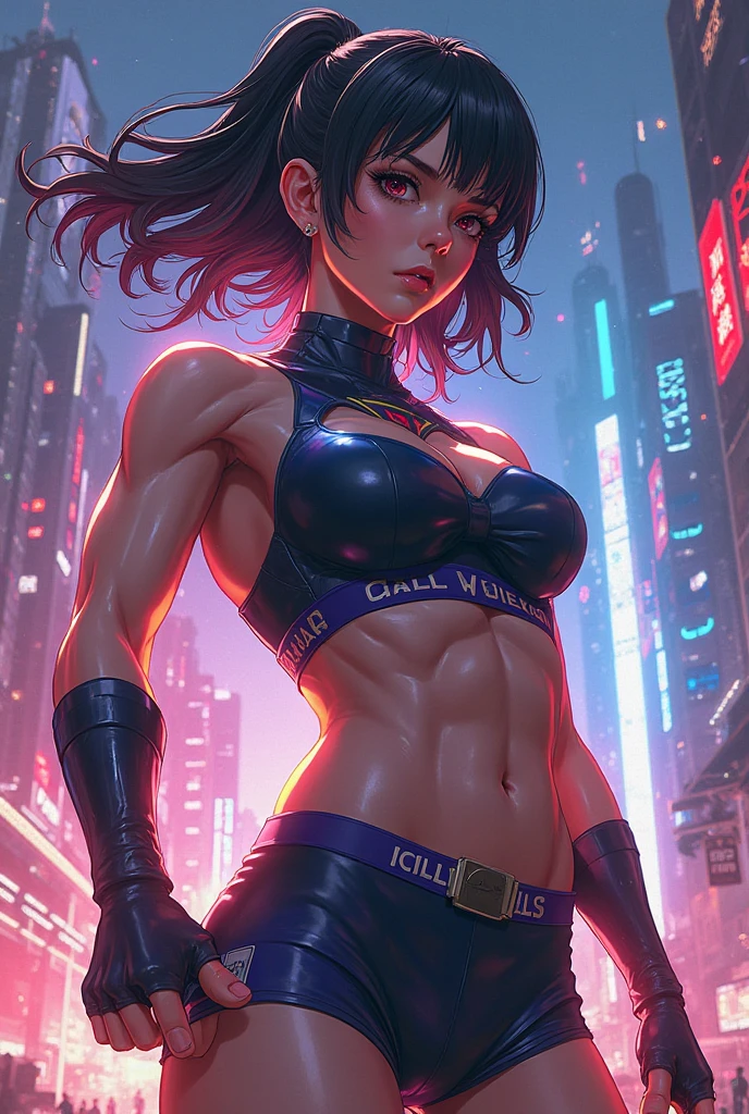 cyberpunked, Abs, muscular, 1girl in, Night, neons