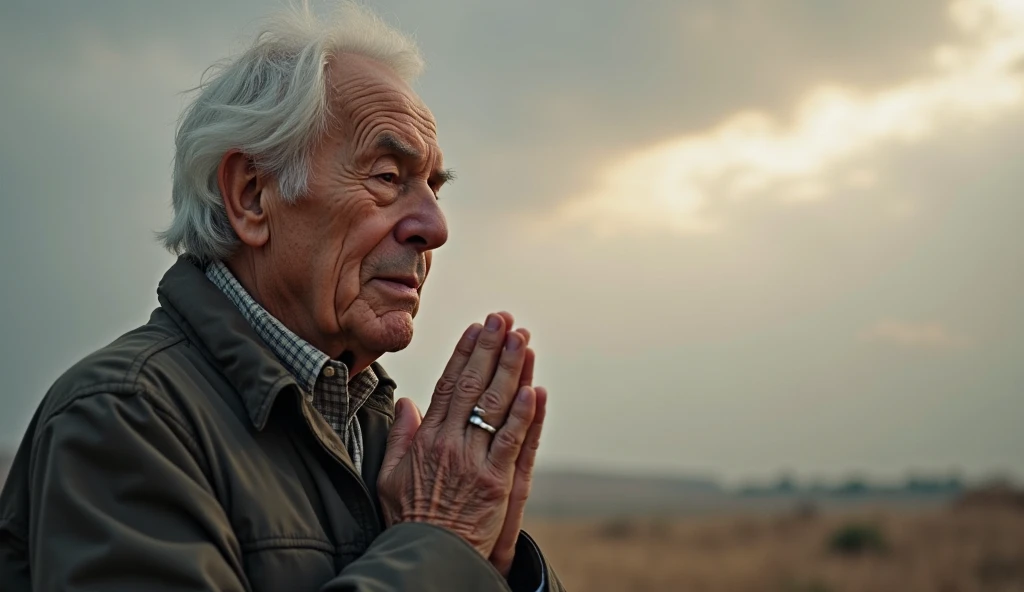an older adult praying while feeling the company of God, Photographic portrait,  older man, expressive wrinkled face, Hands together in prayer, serene look,  spiritual aura , cloudy sky,  soft and warm light ,  High level of detail ,  muted colors , sober tone, Realistic portrait style, Professional photography, High resolution, sharp focus, studio lighting