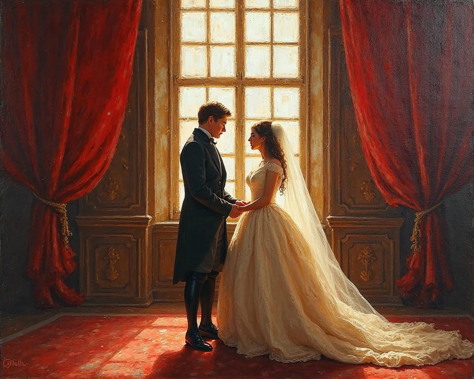Create an image that captures the essence of classical art and award-winning painting, drawing inspiration from Monet oil paintings. Visualize a enchanting oil painting of passionate Couple in a Parisian cafe. Their skin should be meticulously detailed, with eyes that glow with life, and a facial structure that fits the golden ratio of attractiveness, including clear double eyelids. | They are wearingelegant Parisian outfit with beret, and they are moving with a dynamic and bold grace. The setting is a beautiful Parisian cafe, with them poised under the warm light of sunlight, casting striking shadows around them. Capture them from a low angle to reveal their whole body in a dynamic pose, adding to the intensity of the scene. They look dreamily into the distance, their expression both engaging and ethereal. | Rendered in ultra-high detail and quality, this masterpiece ensures anatomical correctness and textured skin with super detail. With a focus on high quality and accuracy, this award-winning portrayal captures every nuance in stunning 16k resolution, immersing viewers in its lifelike depiction. | ((elegant parisian outfit):1.1), ((fancy handgloves):1.1), ((beret):1.1). | (((anatomical correctness))), (((perfect_fingers))), (((perfect_legs))), (((perfect_hands))), ((perfect_composition, perfect_design, perfect_layout, perfect_detail, ultra_detailed)), ((enhance_all, fix_everything)), More Detail, Enhance.