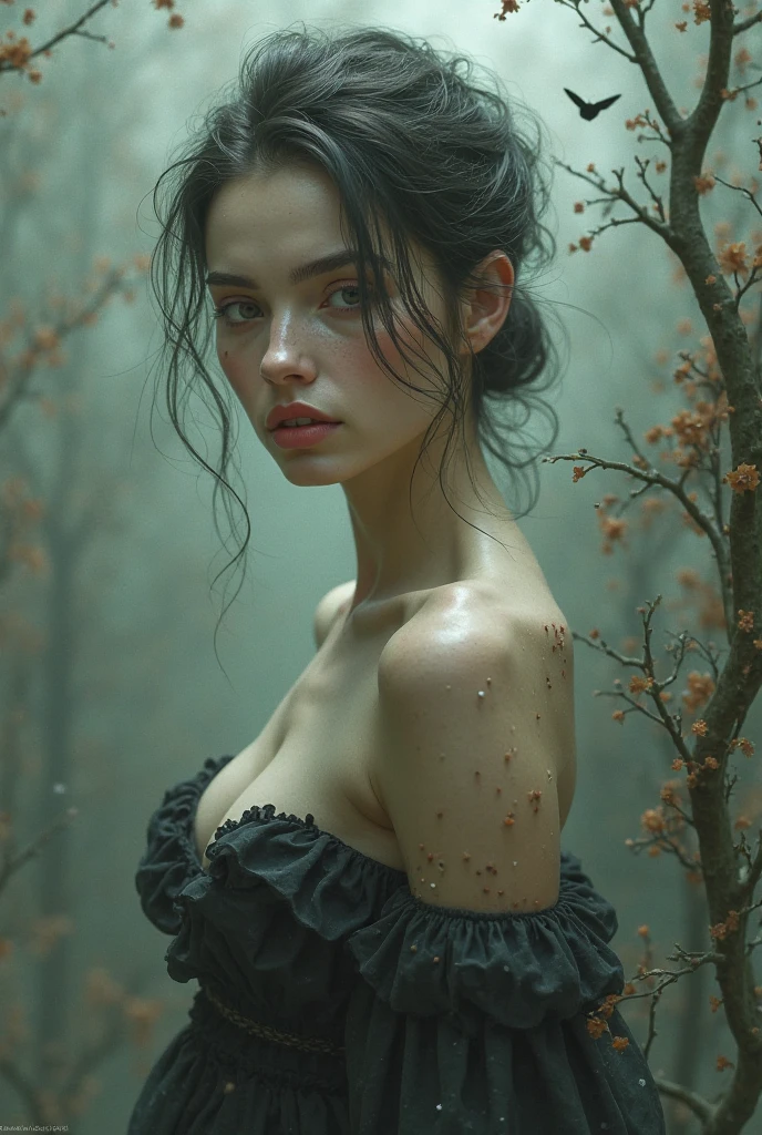 Seductive Organic elven female entity being sacrificed to the mechanical elf cyborg overlords (([purple|black] hair)), long hair, white formfitting wet cotton dress, drenched fabric, soaked clothes, wet dress, nipples bump see-through,  melancholic gaze at viewer,  (soothing tones:1.0), (hdr:1.25), (artstation:1.2), spooky, gory ambiance, evil, (intricate details:1.14), (hyperrealistic 3d render:1.16), (filmic:0.55), (rutkowski:1.1), (faded:1.3)