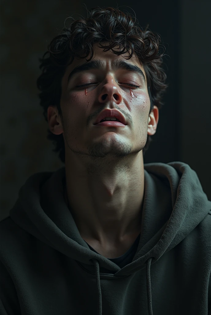 Guy, Black Curly Hair, Dark Brown Eyes, Wearing Dark Purple Hoodie, Wearing Black Boxer Briefs, Using Black Surgery Mask, Sitting In Front Of A Night Rain Window In The Bedroom, 4K, Realistic, Front Focus, Scars In The Groin