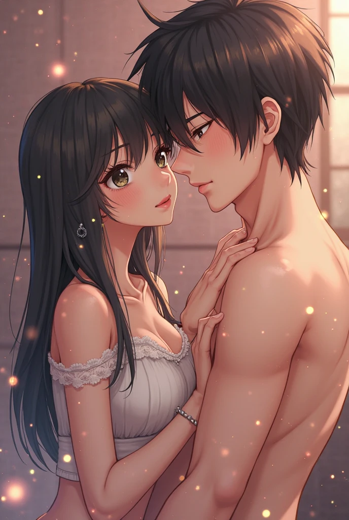 Japanese man and woman hugging each other and looking at each other, dress up, ordinary people, story of first love, looking into each other's eyes, man gently wraps his arm around the woman's waist, trust, romance, love, love, two people The strong bond, love, and fate between them.The background is magnificent.An abstract painting that is a mixture of the past and memories of two people, the best scene that tickles the love, black hair, Asian, high resolution, high quality, Real, cinematic, young men and women,