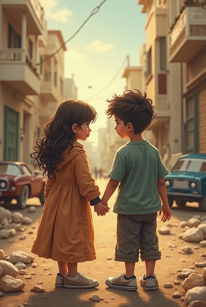 A Palestinian child and an Israeli child on the border between the two countries (identified by a flag flying on each side) smiling at each other in the middle of a war.